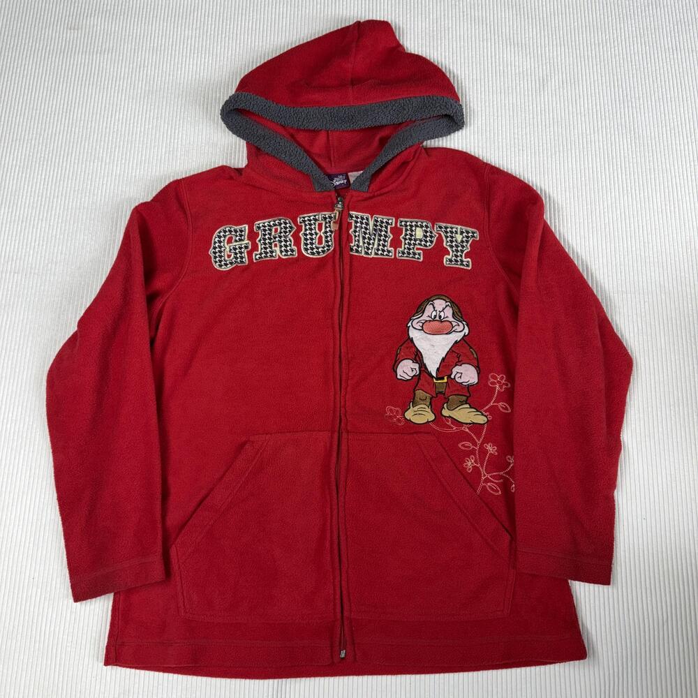 Disney Jacket Womens 1X Red Fleece Hooded Full Zip Grumpy Snow White Pockets